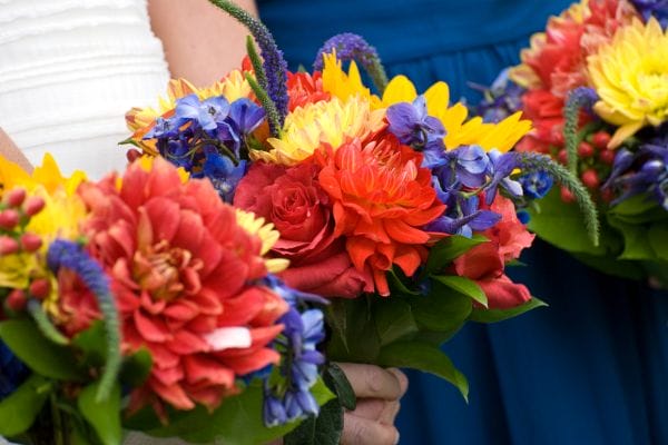 Bright flower bouquets at a wedding