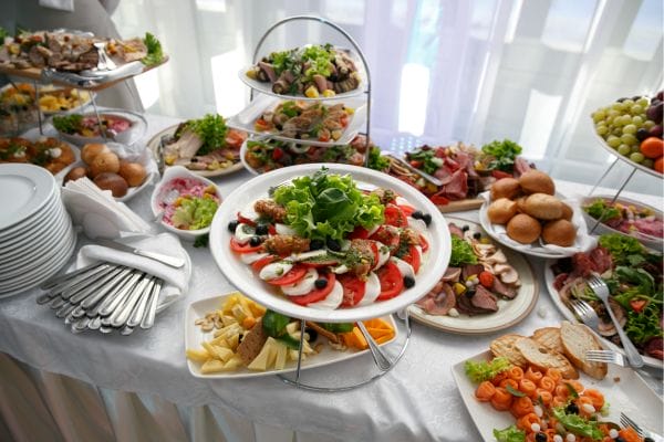 A table of grazing dishes at an event