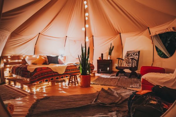 An luxurious interior of a glamping tent