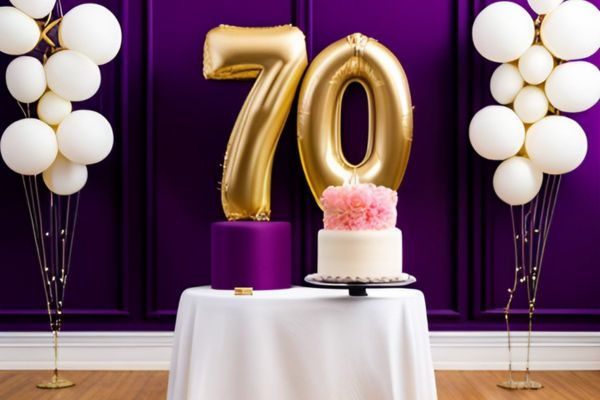A 70th birthday cake and balloons