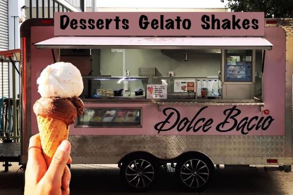 A double cone in front of the Dolce Bacio truck
