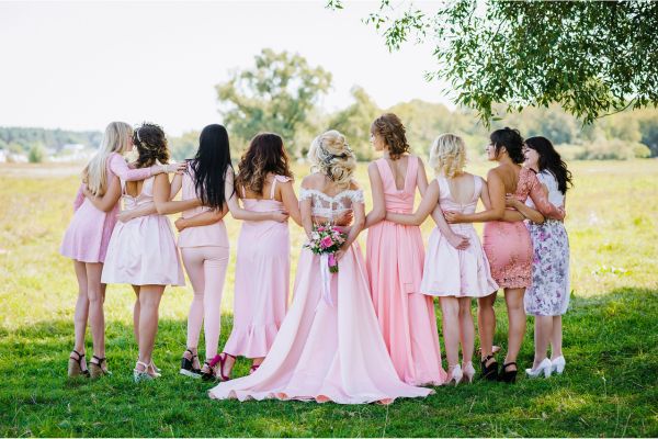 A group of bridesmaids surrounding their bride