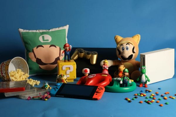 A collection of Super Mario-themed items for a party
