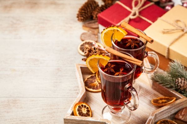 3 glasses of mulled wine with orange