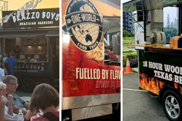 Food Trucks Sunshine Coast Banner featuring Brazzo Boys, One World, and Slow Smoke food trucks